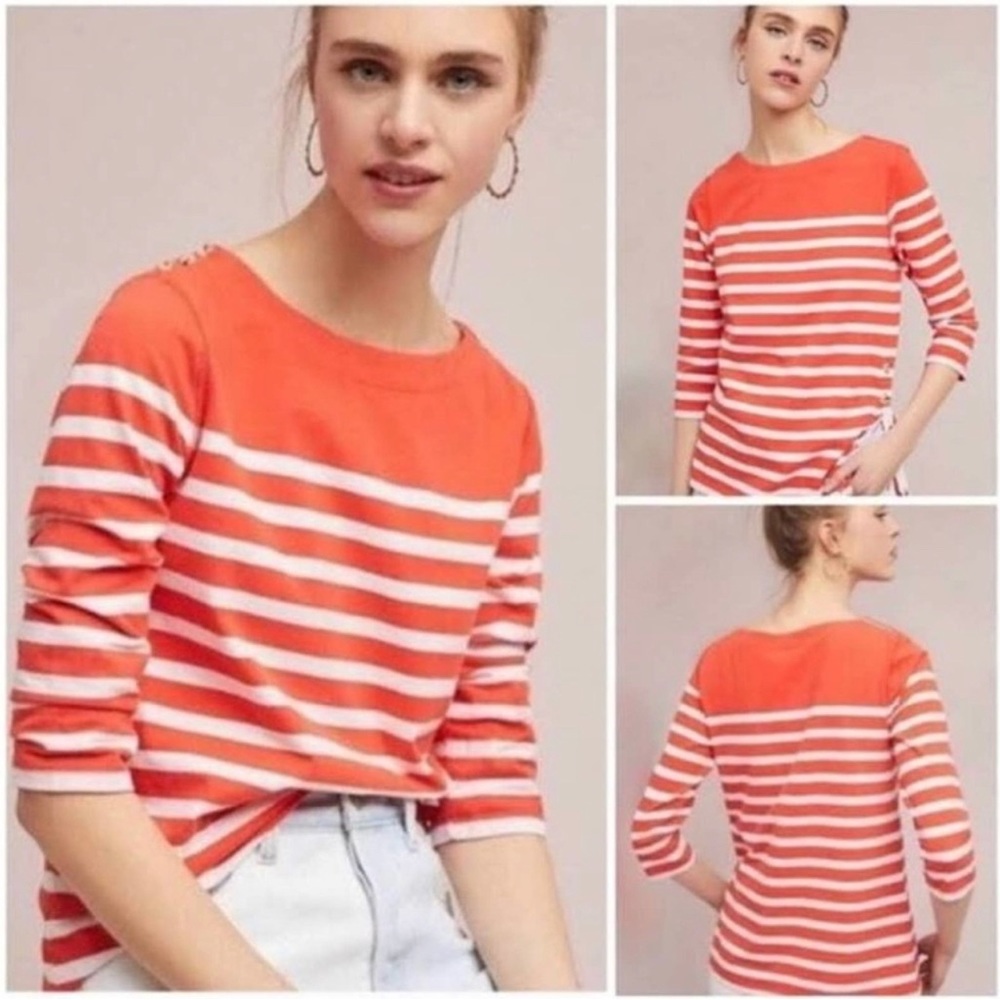 ANTHROPOLOGIE - MAEVE Orange Boat Neck Shirt with White Stripes